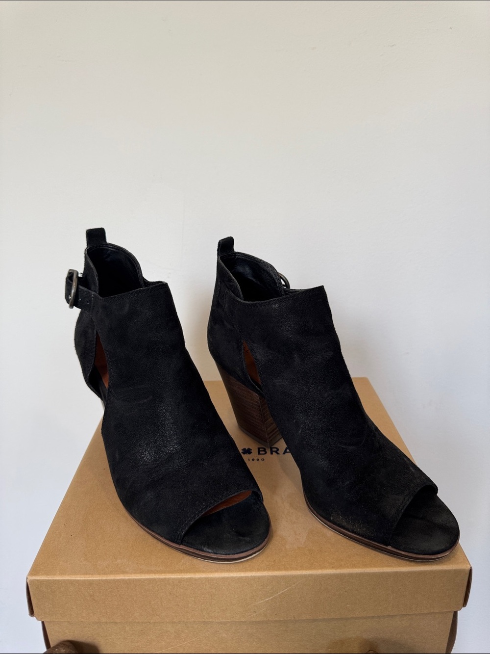 Lucky Brand Black Suede Peep-Toe Heeled Booties